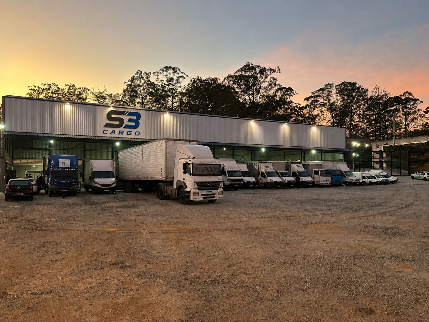Pátio da matriz da S3 Cargo em São Bernardo do Campo, com a frota de caminhões e vans